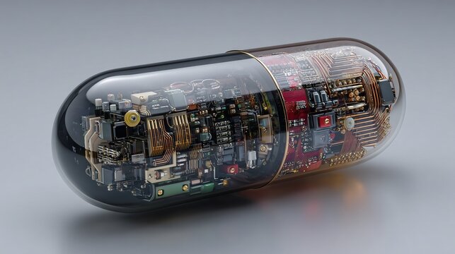Futuristic pill capsule with visible, intricate electronic components inside