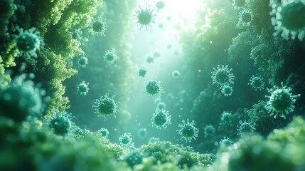 Virus cells in a greenish-tinted environment
