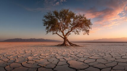 Solitary Tree on Dry Cracked Land with Dramatic Sunset Sky and Mountains in the Background