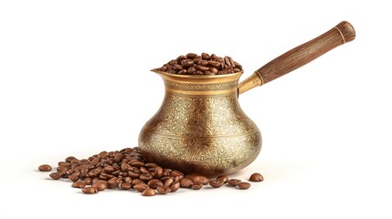 1. Turkish Coffee Pot with Beans on White Background
2. Traditional Coffee Pot with Beans for Brewing Aromatic Coffee
3. Decorative Coffee Pot and Beans for Coffee Lovers