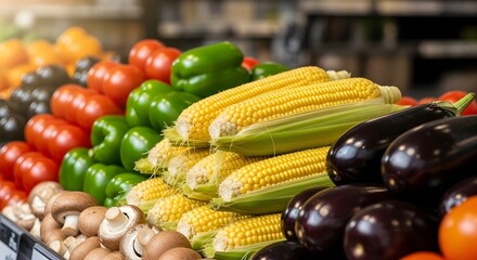 Assortment of fresh vegetables including corn, tomatoes, peppers, and eggplants at a market