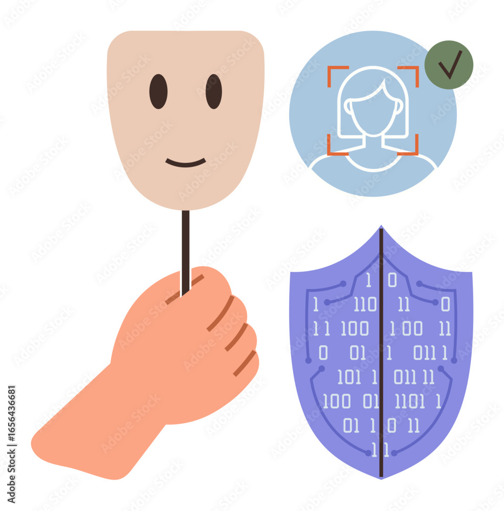 Aufkleber mask held in hand symbolizes identity shield with binary code and facial recognition implies securit