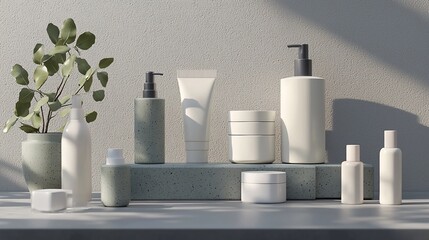 Naklejka premium Minimalist Cosmetic Display with Concrete Accents