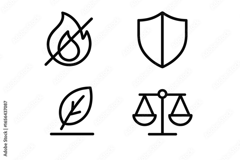 Poster set of four simple outline icons on dark background