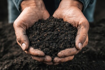 Top view of soil in hands for check the quality of the soil for control soil quality before seed plant. Future agriculture concept. Smart farming, using modern technologies in agriculture.