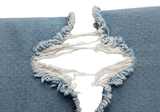 Extreme macro view of a ripped seam on light blue denim fabric, showing snapped, frayed threads and a visible gap against an isolated transparent background, concept of material failure