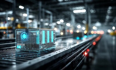 A glowing digital box glides on an industrial conveyor belt, in a blurred factory scene, depicting futuristic logistics - Powered by Adobe