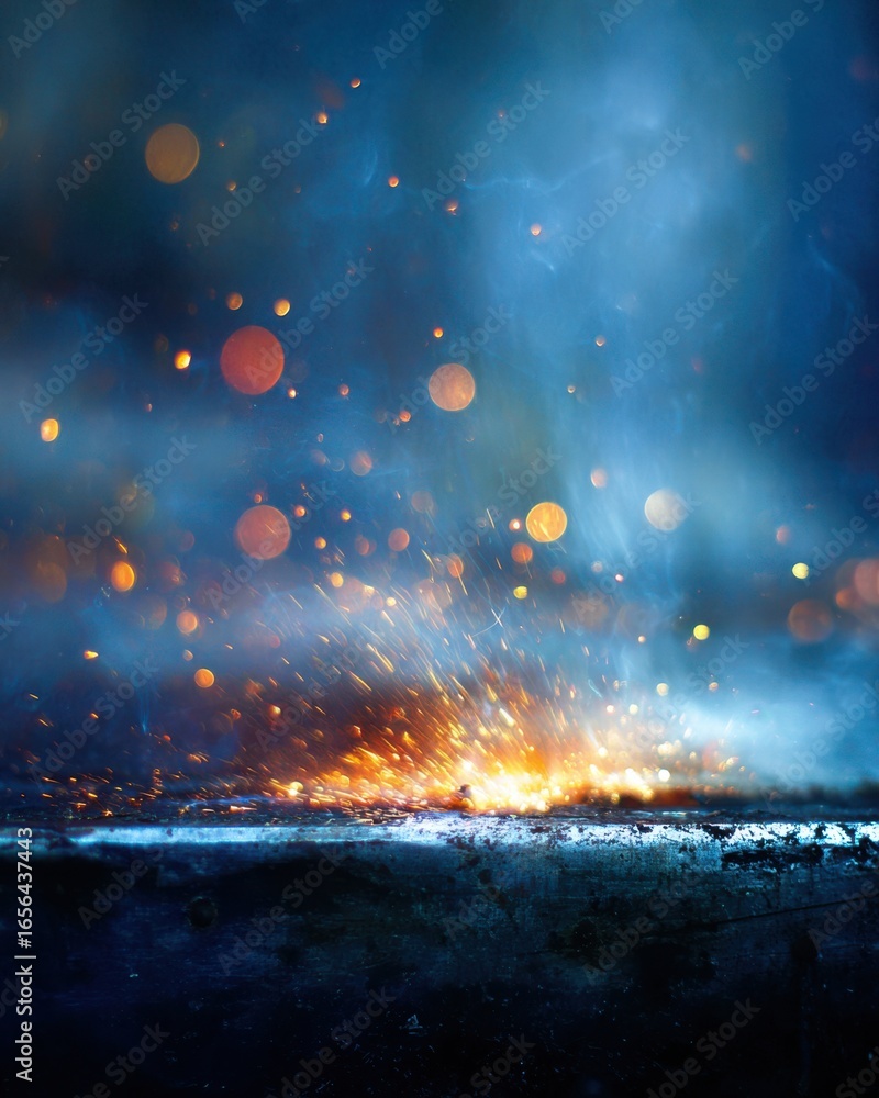 Poster sparkling particles in blue and orange tone with bokeh effect and vivid light play on dark backgroun