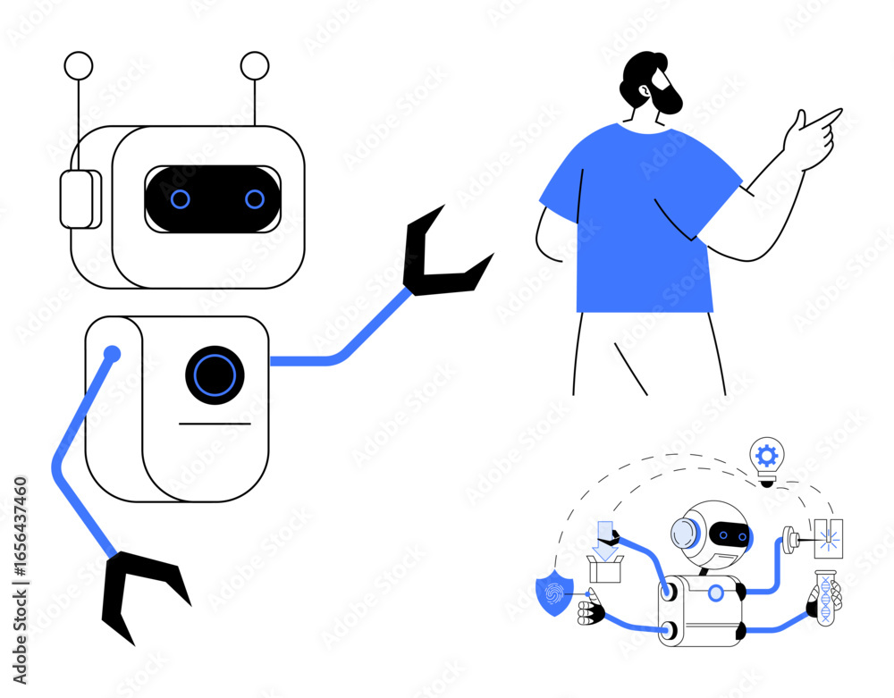 Aufkleber robot with antennas and mechanical arms gestures toward a man in blue, below engages in multitasking