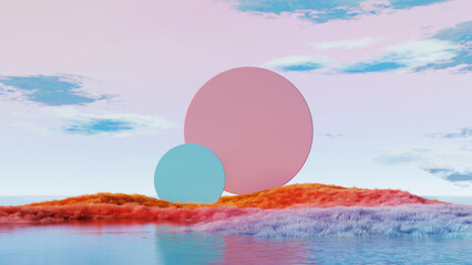 3D render, abstract pastel circle sculptures on colorful island with water reflection