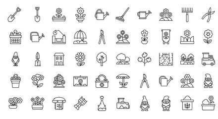 Collection of charming line art icons representing various gardening tools and elements