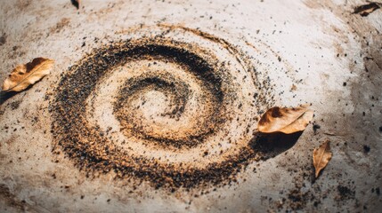 Spiral Design Created from Ground Material with Fallen Leaves and Natural Texture on Smooth Surface