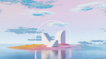 3D render, abstract geometric stairs and curved structure on pastel island with reflection