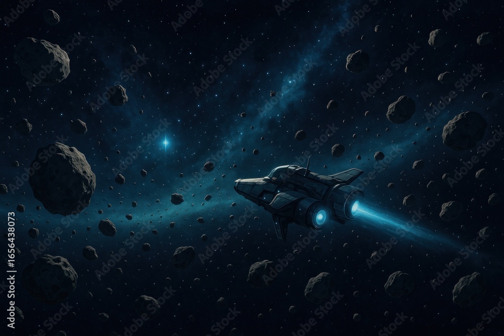 Poster spaceship navigating asteroid field
