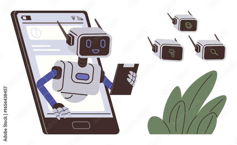 Aufkleber chatbot robot holding tablet emerges from smartphone screen, surrounded by icons for search and data