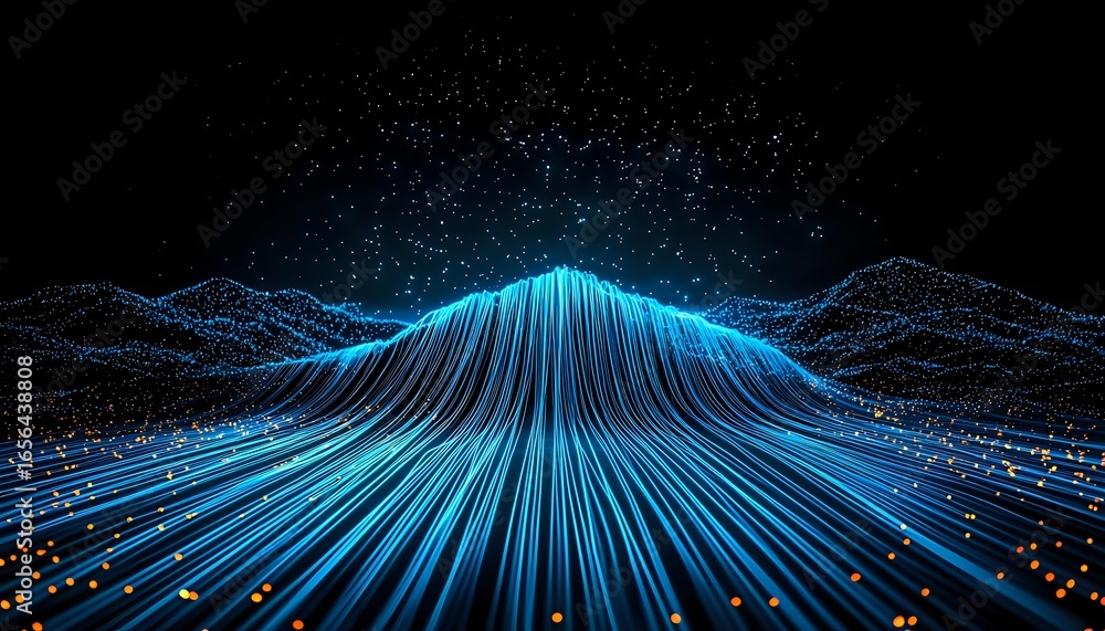 Aufkleber glowing blue light streams form digital mountain landscape against dark background with scattered pa
