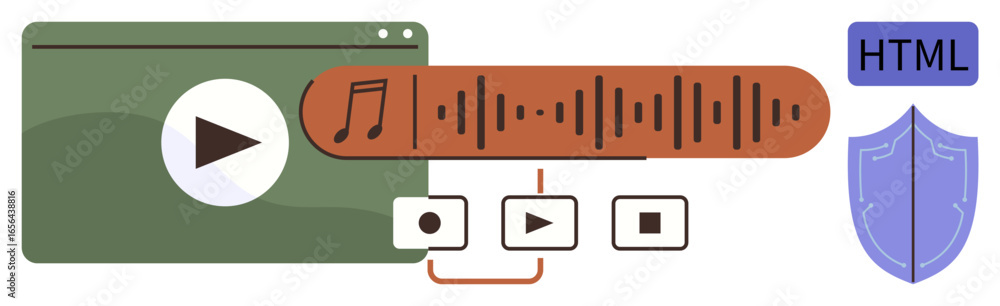 Poster media player interface with play button, audio waveform, and playback icons, accompanied by html cod