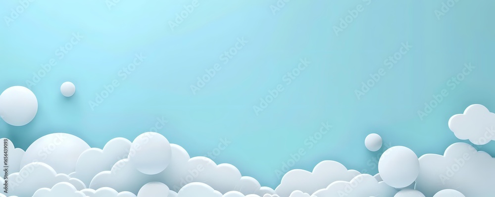 Poster minimalist paper cut clouds floating on soft turquoise sky background with white circles creating dr