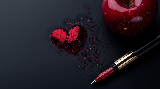 Red glitter heart shape with fountain pen and fresh apple on dark background, romantic writing concept for Valentine's day cards and love letters.