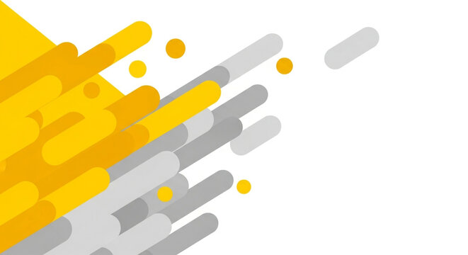 Abstract yellow and grey rounded stripes and dots moving diagonally on a white background