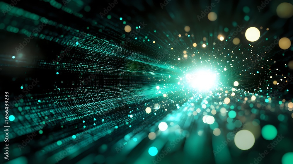 Poster glowing turquoise light rays burst through digital matrix space with floating bokeh particles and br