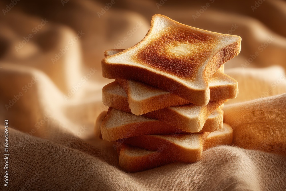 Aufkleber stacked slices of golden toasted bread on a warm fabric background showcasing texture and warmth in 