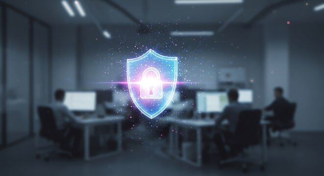Office workers with digital security shield overlay