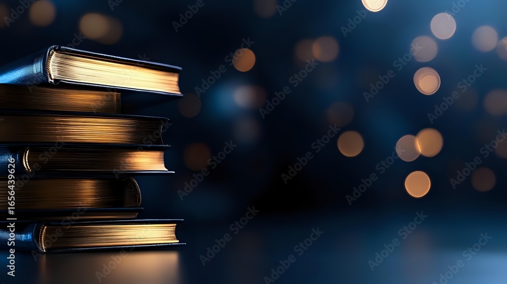 Poster stack of hardcover books on dark background with soft bokeh lights creating magical atmosphere for r