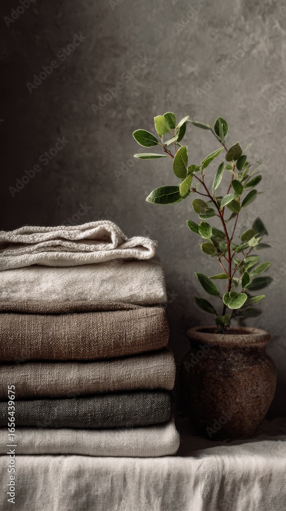 Poster stacks of soft textiles and green foliage in simple pot against textured background