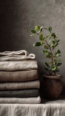 Stacks of Soft Textiles and Green Foliage in Simple Pot Against Textured Background