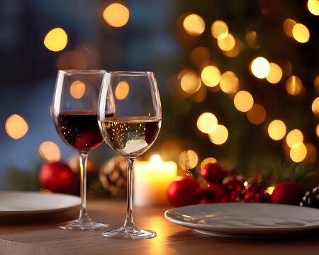 Romantic dinner setting with red and white wine glasses against blurred golden bokeh lights, burning candle and Christmas decorations on wooden table.