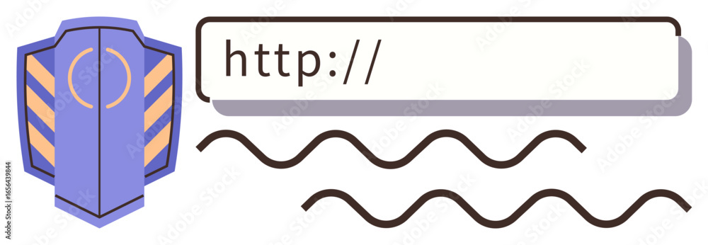 Poster shield icon beside url field with waves symbolizing internet activity, highlighting security and pro