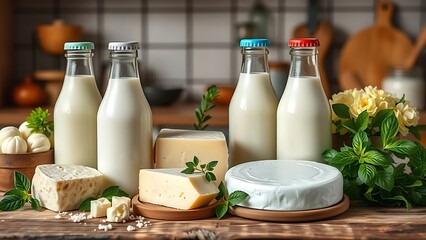 Fresh dairy products arranged on a wooden surface, highlighting rustic charm with soft overhead...