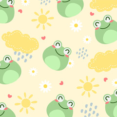 Frog seamless pattern with flower, sun and cloud decoration. Childish seamless pattern. Can be used for wallpaper, paper wrapping and fashion fabric