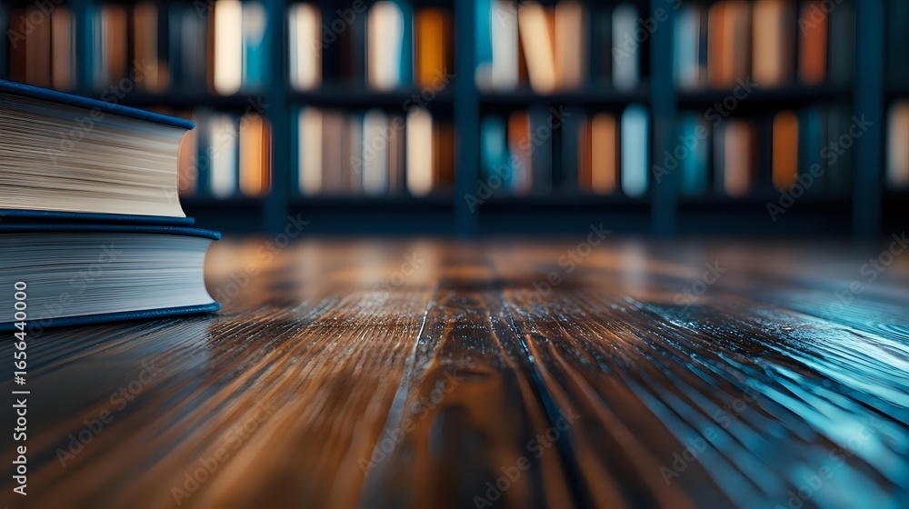 Poster stack of books on wooden table against blurred library bookshelf background with warm lighting and s