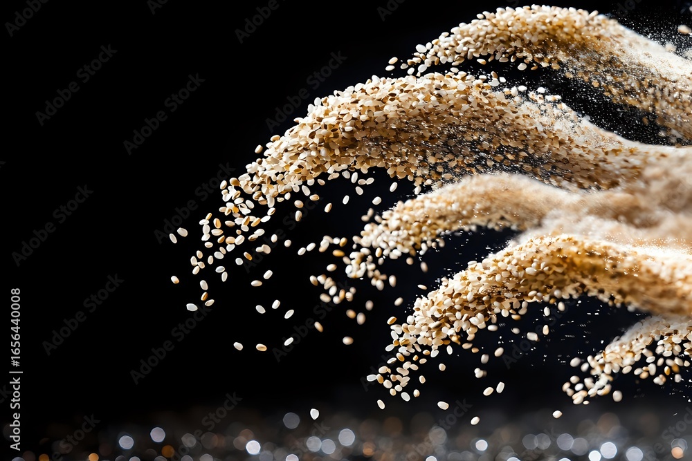 Poster flowing streams of golden sand particles creating dynamic waves against black background, with spark