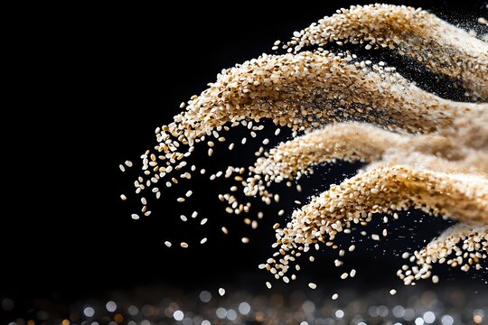 Flowing streams of golden sand particles creating dynamic waves against black background, with sparkling bokeh effect and scattered granules in motion.