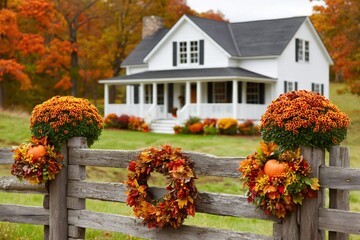 Fall decorations adorning a rustic fence in front of a charming farmhouse