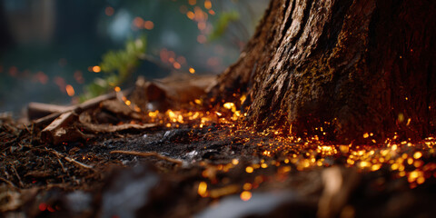 Fototapeta premium Glowing embers and sparks scattered around base of large tree trunk in forest setting, creating warm, fiery atmosphere