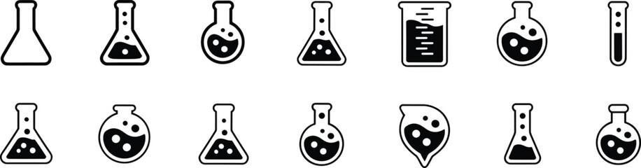 Laboratory glassware icon set, scientific beaker illustrations, chemical flask symbols, test tube graphics, black and white lab equipment design