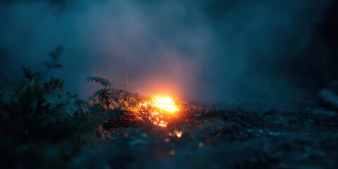 Fototapeta premium Glowing fire patch in dark forest with misty atmosphere creating mysterious mood