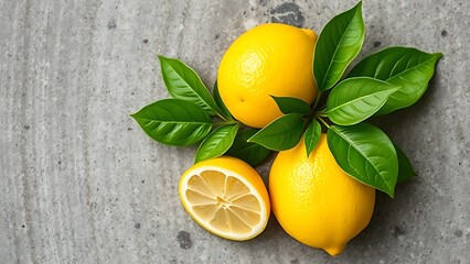 Juicy lemon with green leaves on stone, natural light enhancing textures, clean culinary aesthetic.
