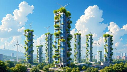 Obraz premium painting of futuristic skyscrapers with vertical gardens solar panels and wind turbines showing green technology of the future creating sustainable urban environments naturally