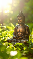 Obraz premium The serene Buddha statue surrounded by lush green foliage and soft light. 