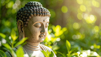 The serene Buddha statue surrounded by lush green foliage and soft light.
