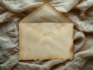 Burnt vintage envelope on silk fabric background for magical or fantasy message mockup