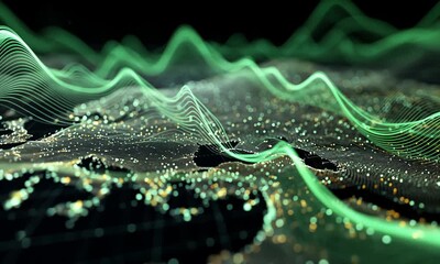 Abstract green light trails overlay a granular map illuminated with scattered points, representing data visualization. Black backdrop enhances the glow - Powered by Adobe
