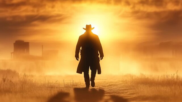 A cinematic western silhouette of a lone cowboy walking into a golden sunset.