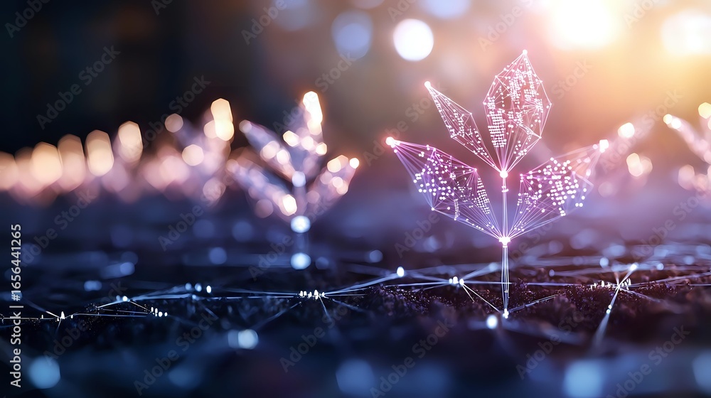 Poster glowing maple leaf shape created with light dots and lines on dark background with bokeh effect, fut