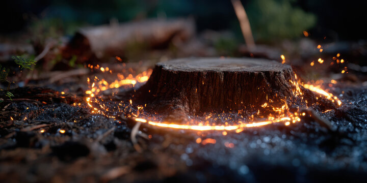 Tree stump surrounded by small ring of flame and glowing embers on forest ground at night, creating dramatic and intense scene - Powered by Adobe